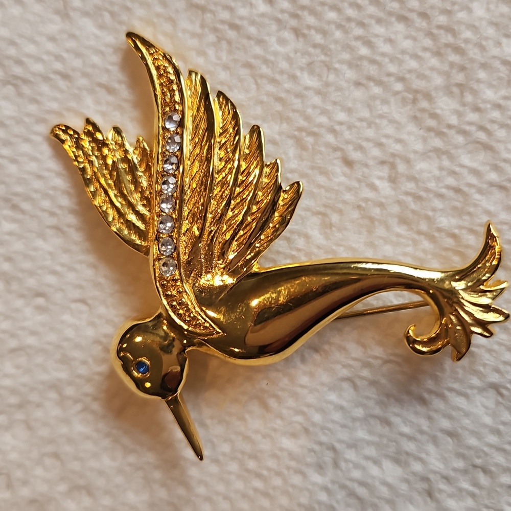 Liz Claiborne I LCI Humminbird Brooch With Rhinestones On The Wing 2.5" VGUC
